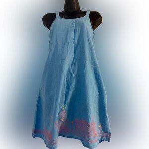 Blue Sleeveless Beach Dress with Pink Embroidery